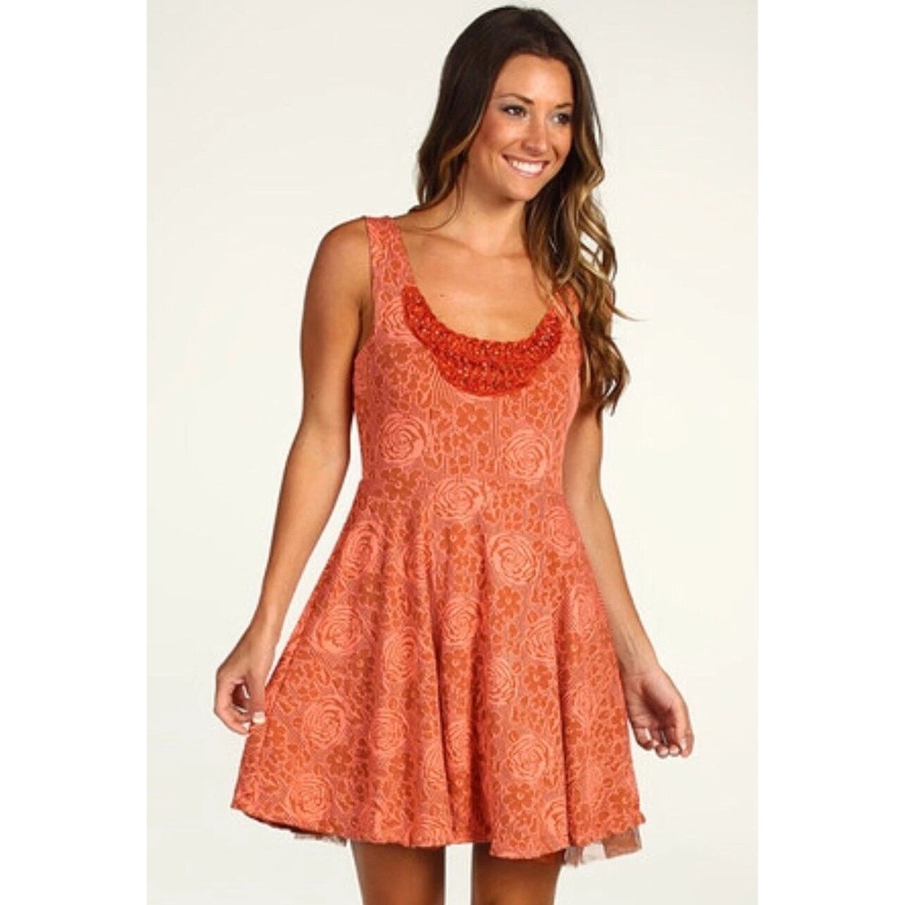 Free People S Peach Pass Rock Princess Skater Dress Jacquard Beaded Tulle Hem